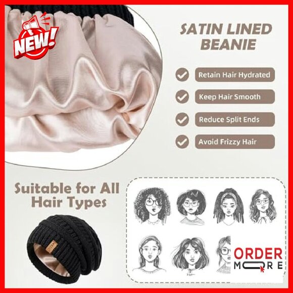 Satin Lined Winter Beanies 3 Pack, Slouchy Cable Knit Hats for Women main image 5